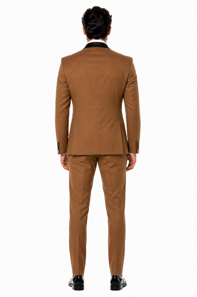 Mens Light Brown Tuxedo Suit with Black Satin Lapel – 3-Piece Formal Wedding and Prom Outfit - Country Look