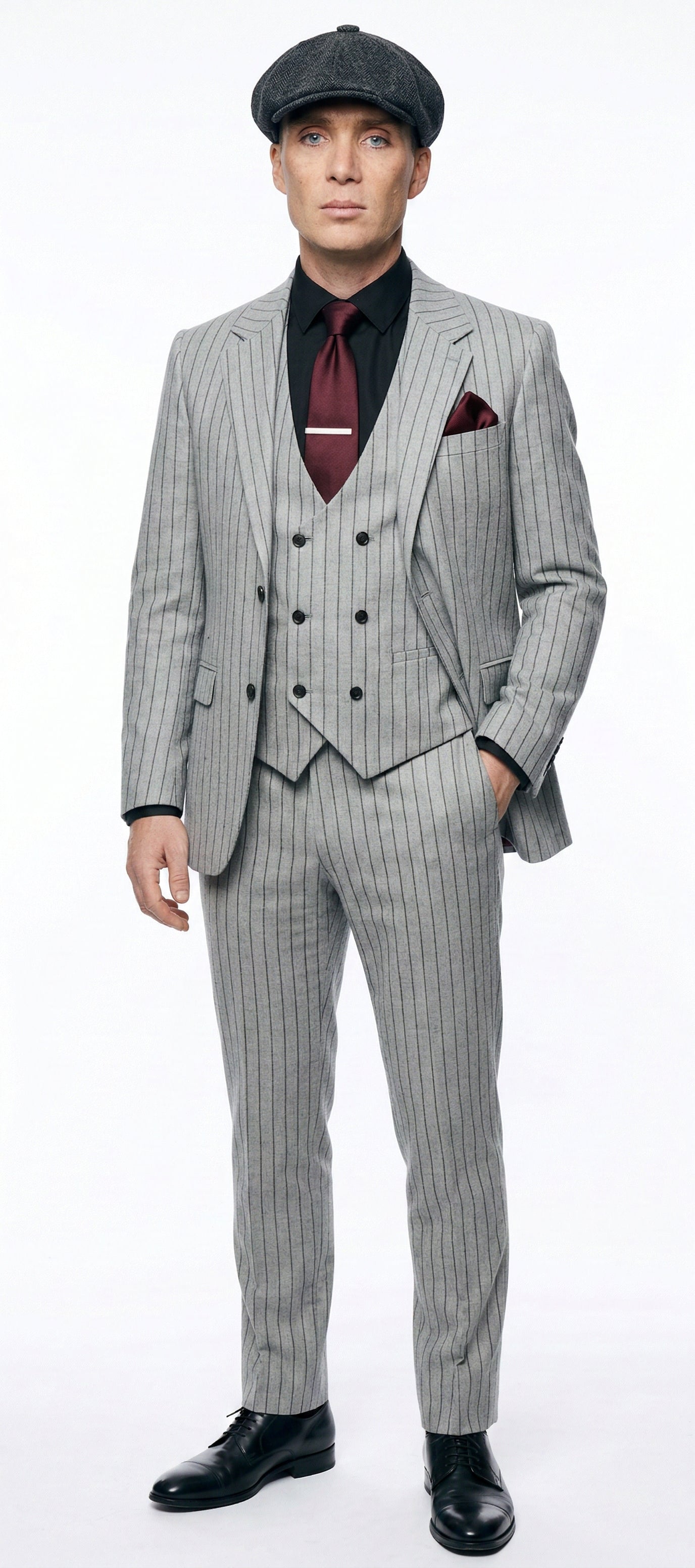Mens Light Gray and Black Pinstripe 3 Piece Suit β Peaky Blinders Inspired Vintage Gangster 1920s Suit