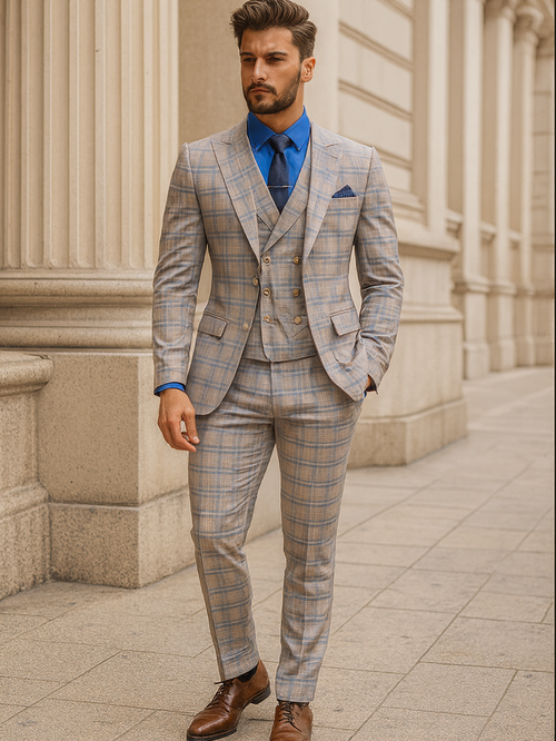 Elegant Light Check Suit for Men Three-Piece Groom Outfit
