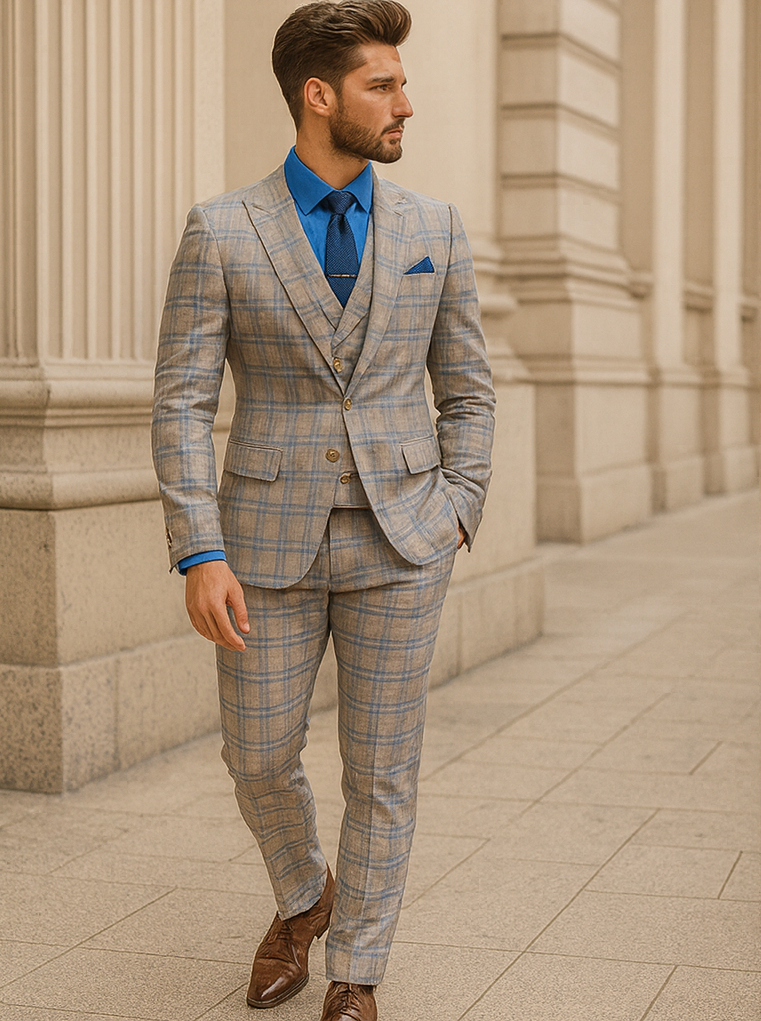 Elegant Light Check Suit for Men – Three-Piece Groom Outfit - 58 Long or 58 Regular Jacket+52/54 Adjustable Pants (Fabric: poly/rayon blend)