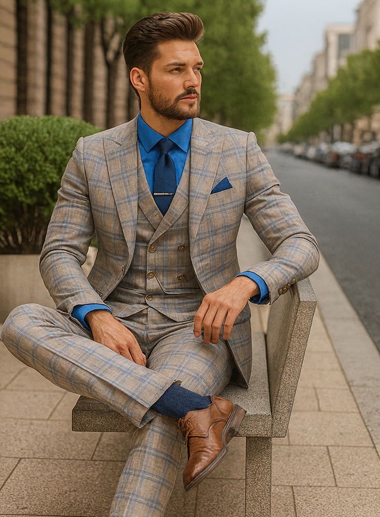 Elegant Light Check Suit for Men – Three-Piece Groom Outfit - 58 Long or 58 Regular Jacket+52/54 Adjustable Pants (Fabric: poly/rayon blend)