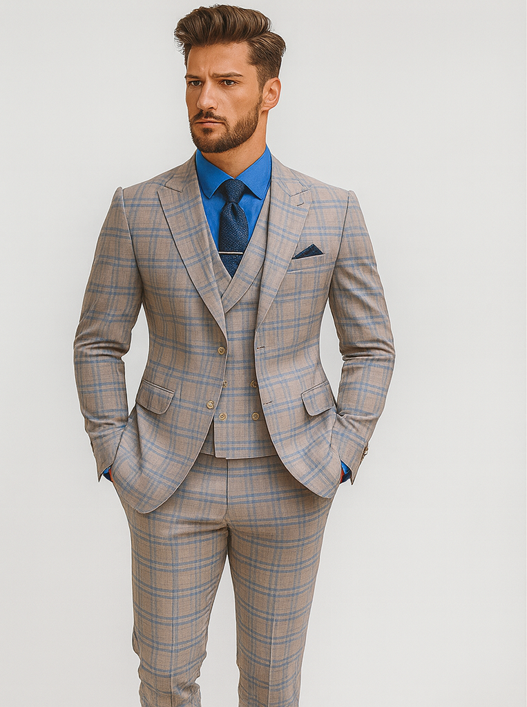 Elegant Light Check Suit for Men – Three-Piece Groom Outfit - 58 Long or 58 Regular Jacket+52/54 Adjustable Pants (Fabric: poly/rayon blend)