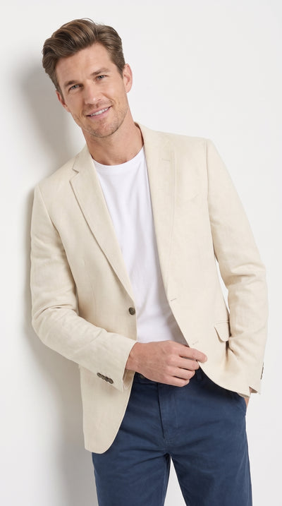 Men's Light Tan Sport Coat – Two-Button Classic Blazer for Business, Wedding & Casual Wear Cream Ivory Linen Fabric