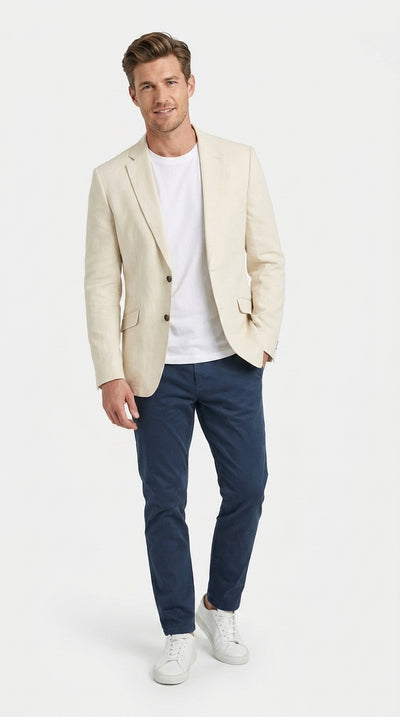Men's Light Tan Sport Coat – Two-Button Classic Blazer for Business, Wedding & Casual Wear Cream Ivory Linen Fabric