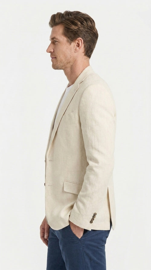 Men's Light Tan Sport Coat – Two-Button Classic Blazer for Business, Wedding & Casual Wear Cream Ivory Linen Fabric