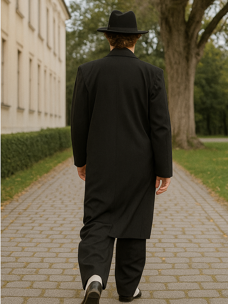 Men's Liquid Jet Black Fashion Long Zoot Suit + Shirt & Tie & Hat - 22.5” Neck /36-37” Sleeve