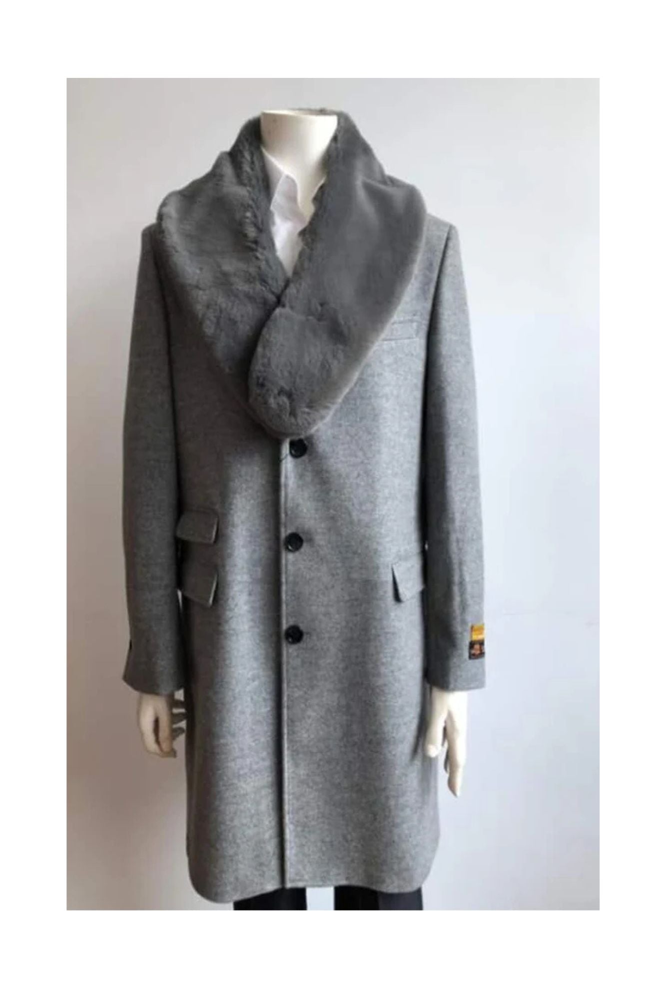 Long Jacket Ticket Pocket Designer Peacoat Sale ~ Wool men's Car Coat Mid Length Three quarter length coat ~ Overcoat With Fur Collar Black - Coat Size 38
