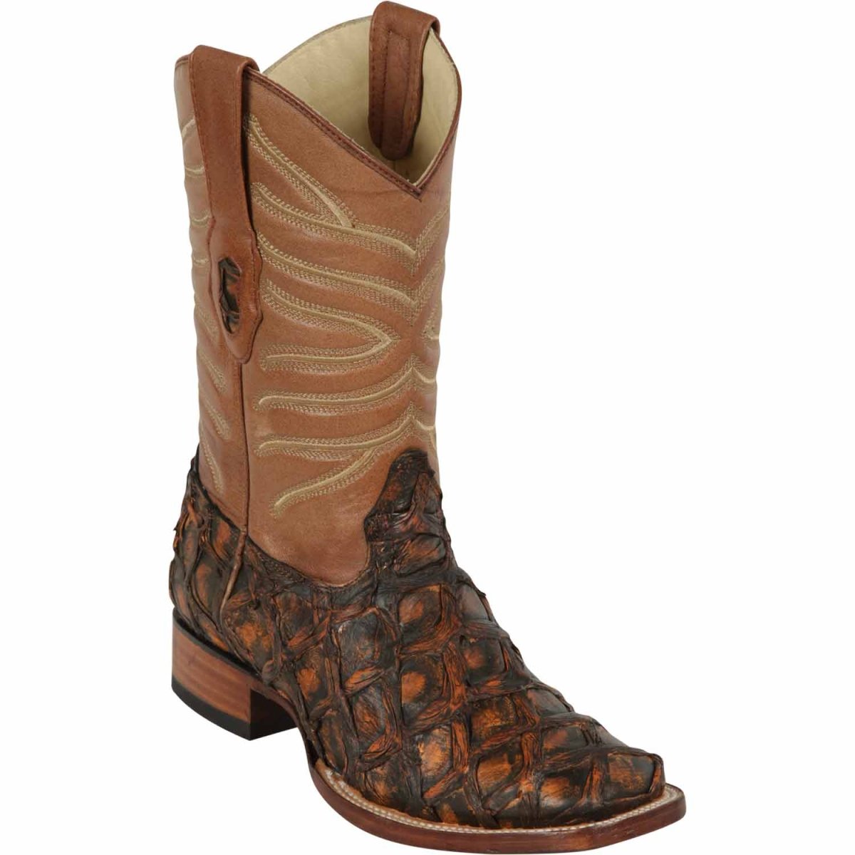 Men's Los Altos Monster Fish Skin Wide Square Toe Boots - Rustic Cognac