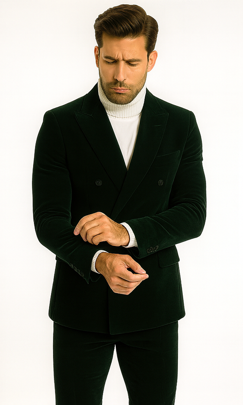 Mens Navy and Hunter Green Velvet Double Breasted Tuxedo with Peak Lapel