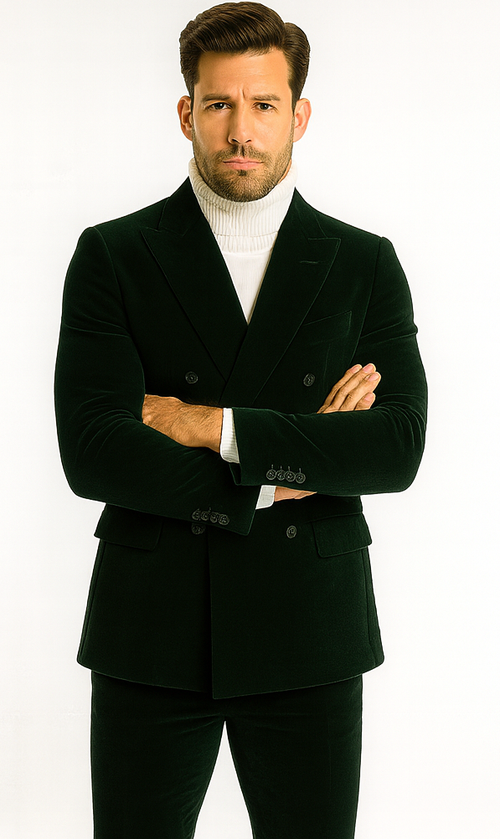 Mens Navy and Hunter Green Velvet Double Breasted Tuxedo with Peak Lapel