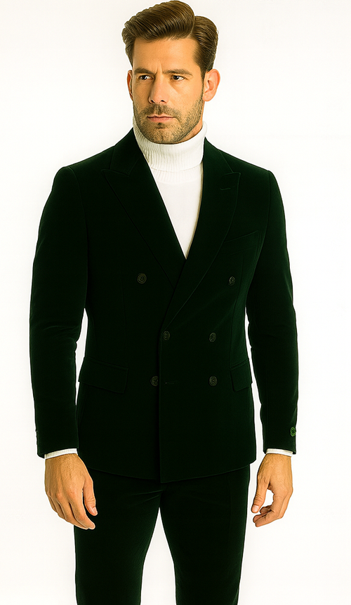 Mens Navy and Hunter Green Velvet Double Breasted Tuxedo with Peak Lapel