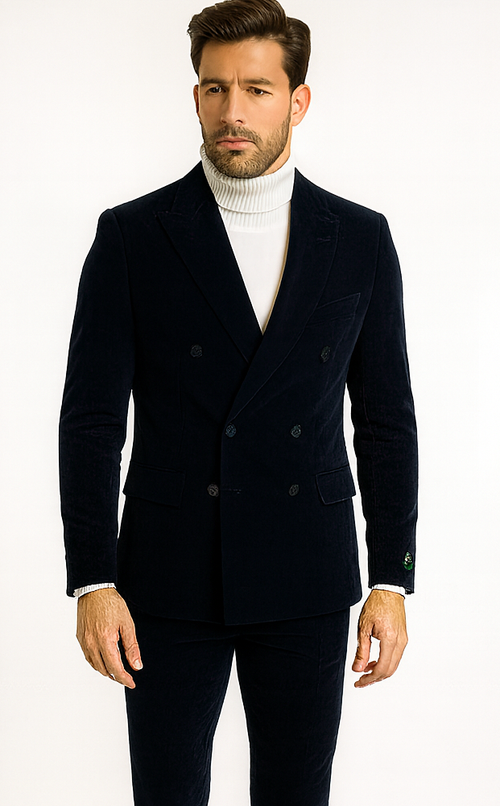 Mens Navy and Hunter Green Velvet Double Breasted Tuxedo with Peak Lapel