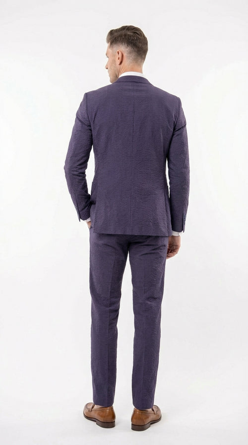 Mens Navy Blue Seersucker Suit β Cotton Fabric Shadow Pattern Ton on Tone Textured Two Button Notch Lapel Formal Summer Suit