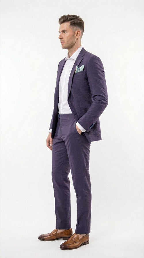 Mens Navy Blue Seersucker Suit β Cotton Fabric Shadow Pattern Ton on Tone Textured Two Button Notch Lapel Formal Summer Suit