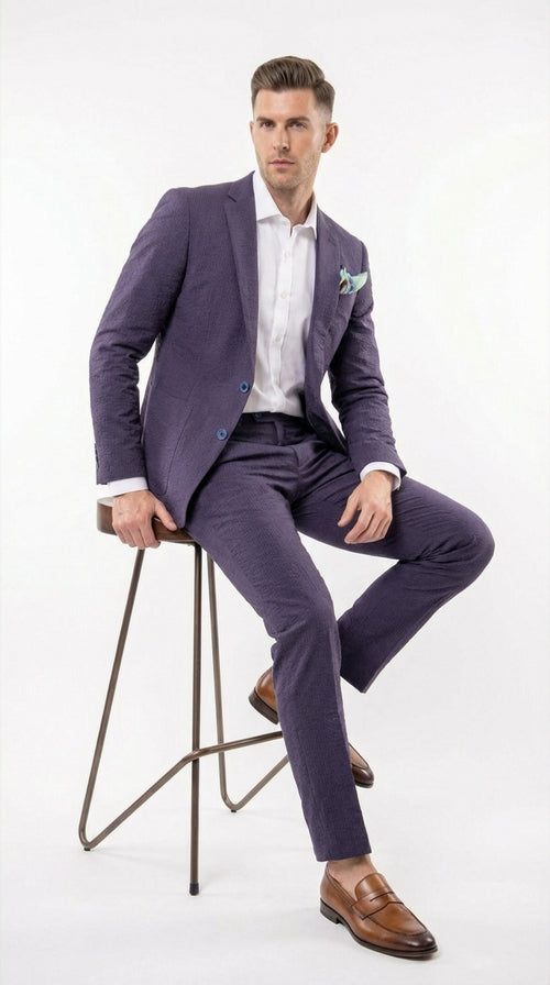 Mens Navy Blue Seersucker Suit β Cotton Fabric Shadow Pattern Ton on Tone Textured Two Button Notch Lapel Formal Summer Suit
