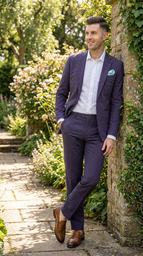Mens Navy Blue Seersucker Suit β Cotton Fabric Shadow Pattern Ton on Tone Textured Two Button Notch Lapel Formal Summer Suit