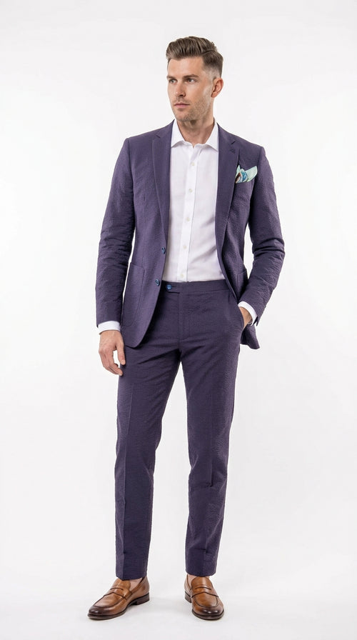 Mens Navy Blue Seersucker Suit β Cotton Fabric Shadow Pattern Ton on Tone Textured Two Button Notch Lapel Formal Summer Suit