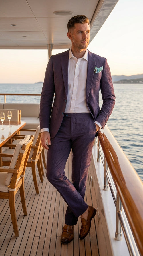 Mens Navy Blue Seersucker Suit β Cotton Fabric Shadow Pattern Ton on Tone Textured Two Button Notch Lapel Formal Summer Suit