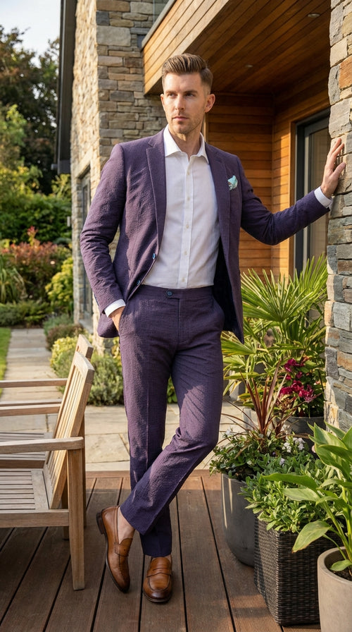 Mens Navy Blue Seersucker Suit β Cotton Fabric Shadow Pattern Ton on Tone Textured Two Button Notch Lapel Formal Summer Suit