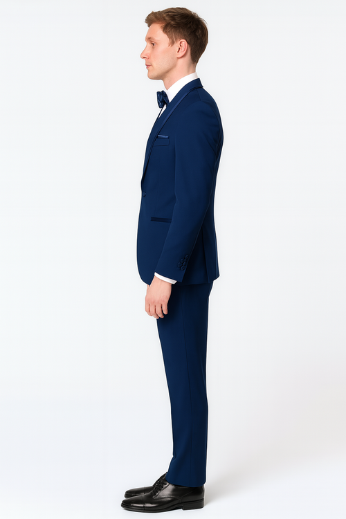 Mens Navy Blue with Blue Trim Three-Piece Tuxedo with Satin Shawl Lapel and Bow Tie Wedding Suit