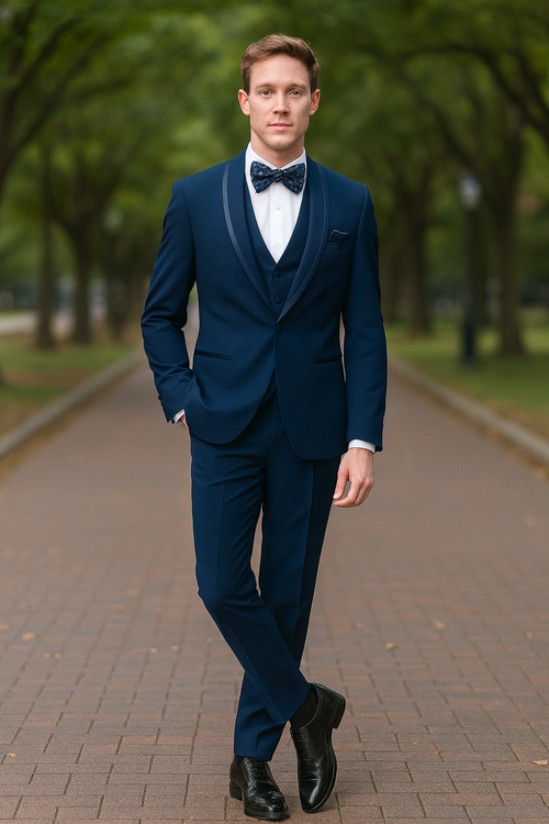 Mens Navy Blue with Blue Trim Three-Piece Tuxedo with Satin Shawl Lapel and Bow Tie Wedding Suit