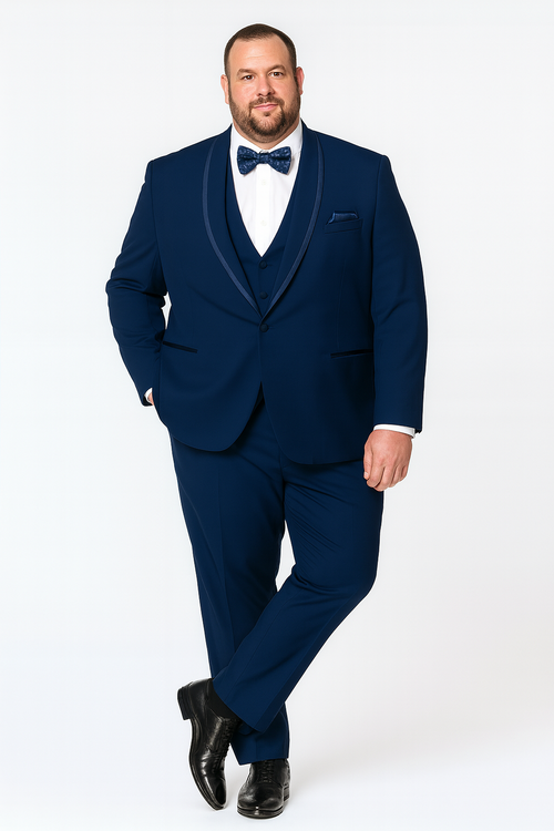 Mens Navy Blue with Blue Trim Three-Piece Tuxedo with Satin Shawl Lapel and Bow Tie Wedding Suit