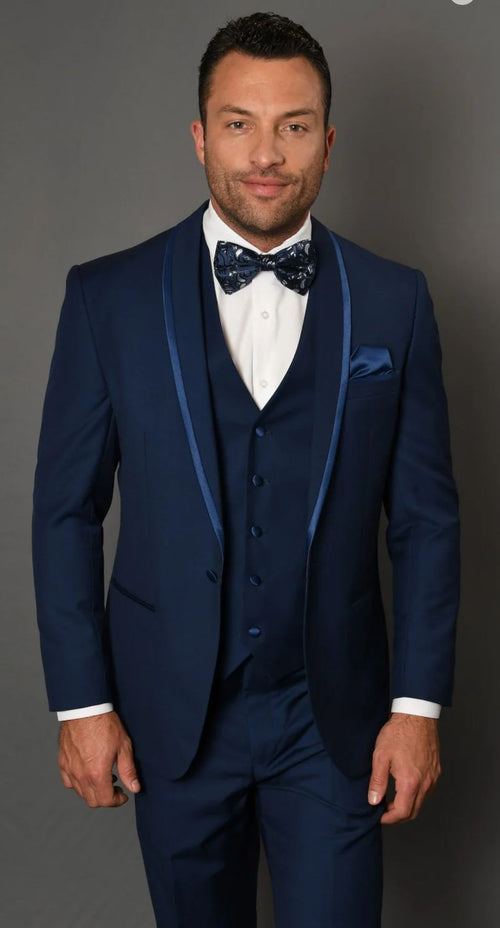 Mens Navy Blue with Blue Trim Three-Piece Tuxedo with Satin Shawl Lapel and Bow Tie Wedding Suit