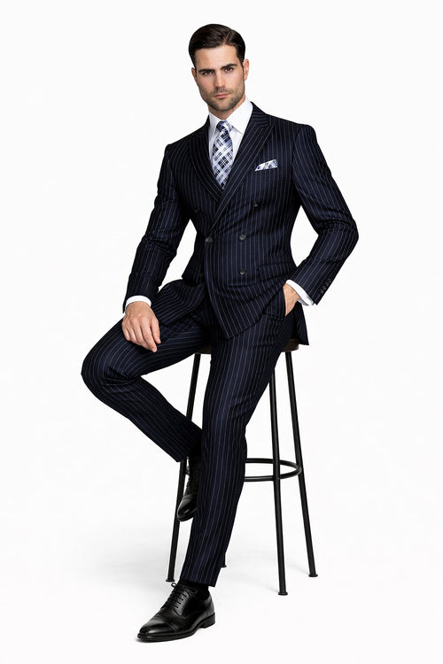 Men's Designer Double Breasted Wool Suit in Bold Navy Blue Gangster Pinstripe.
