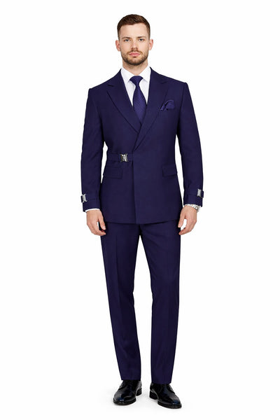 Mens Navy Blue Double Breasted Wool Suit with Signature Buckle Closure Designer Tailored Fit
