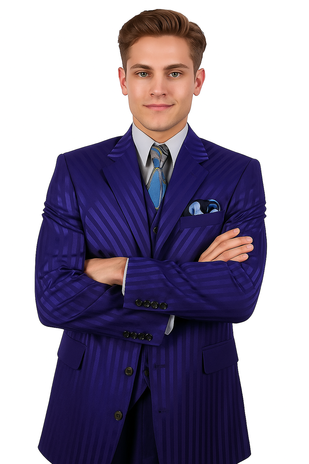 "Navy Blue Men's Shiny Tonal Stripe Fashion Suit - 4 Button Semi Wide Leg" - 38 Long