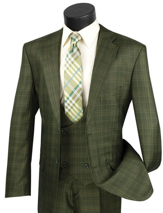 Mens Olive Green Plaid 3 Piece Suit Low Cut Vest