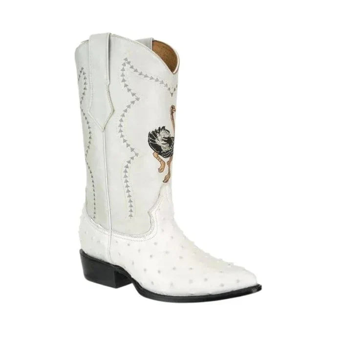 Men's Ostrich Print Leather J-Toe Boots Bone - 6
