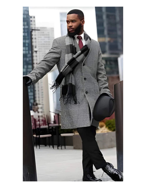 Mens Overcoat - 100% Wool Grey and Black Glen Plaid Carocat