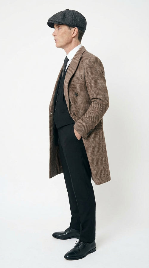 Mens Peaky Blinders Gray Plaid Double Breasted Overcoat + Suit Peaky Blinders Vintage Wool Blend Coat 1920's