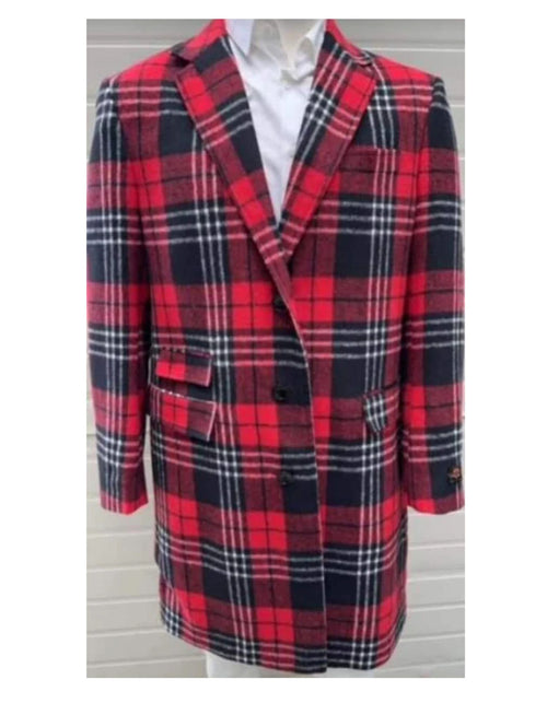 Mens Plaid Overcoat - Checkered Carcoat - Wool Three Quarter Notch Lapel Peacoat