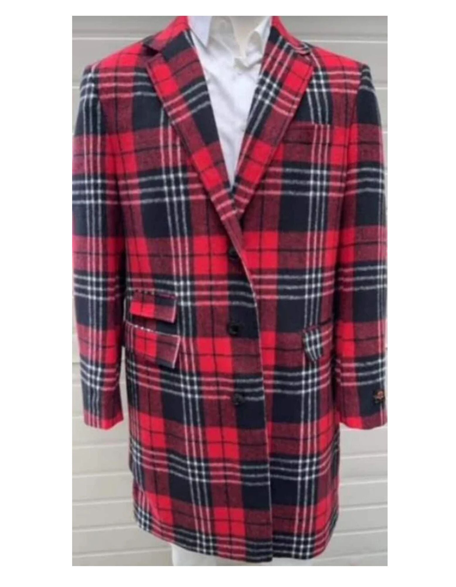 Mens Plaid Overcoat - Checkered Carcoat - Wool Three Quarter Notch Lapel Peacoat - Coat Size 38