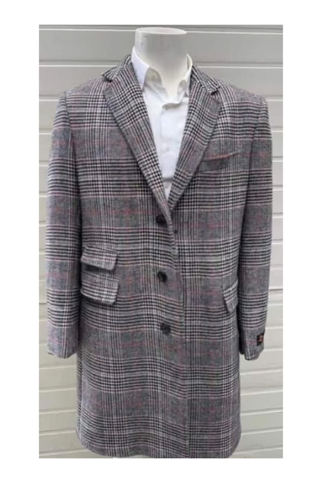 Glain plaid - Windowpane - Checkered Pattern Double Breasted Style Double Breasted Overcoat - Wool Top Coat - Full Length Coat Gray - Coat Size 38