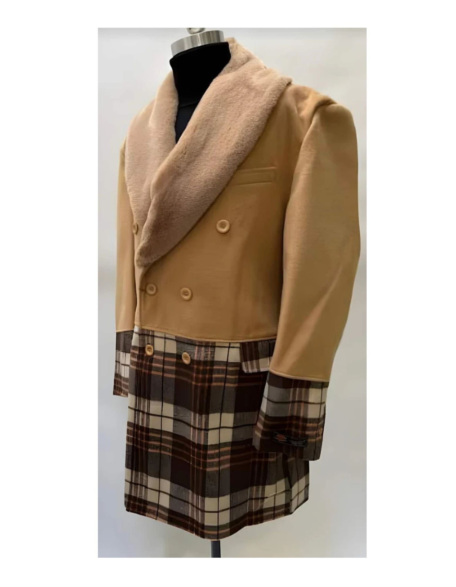 Mens Plaid Overcoat - Hounstooth Checker Pattern Topcoat - Khaki ~ Brown - Coat Size 38