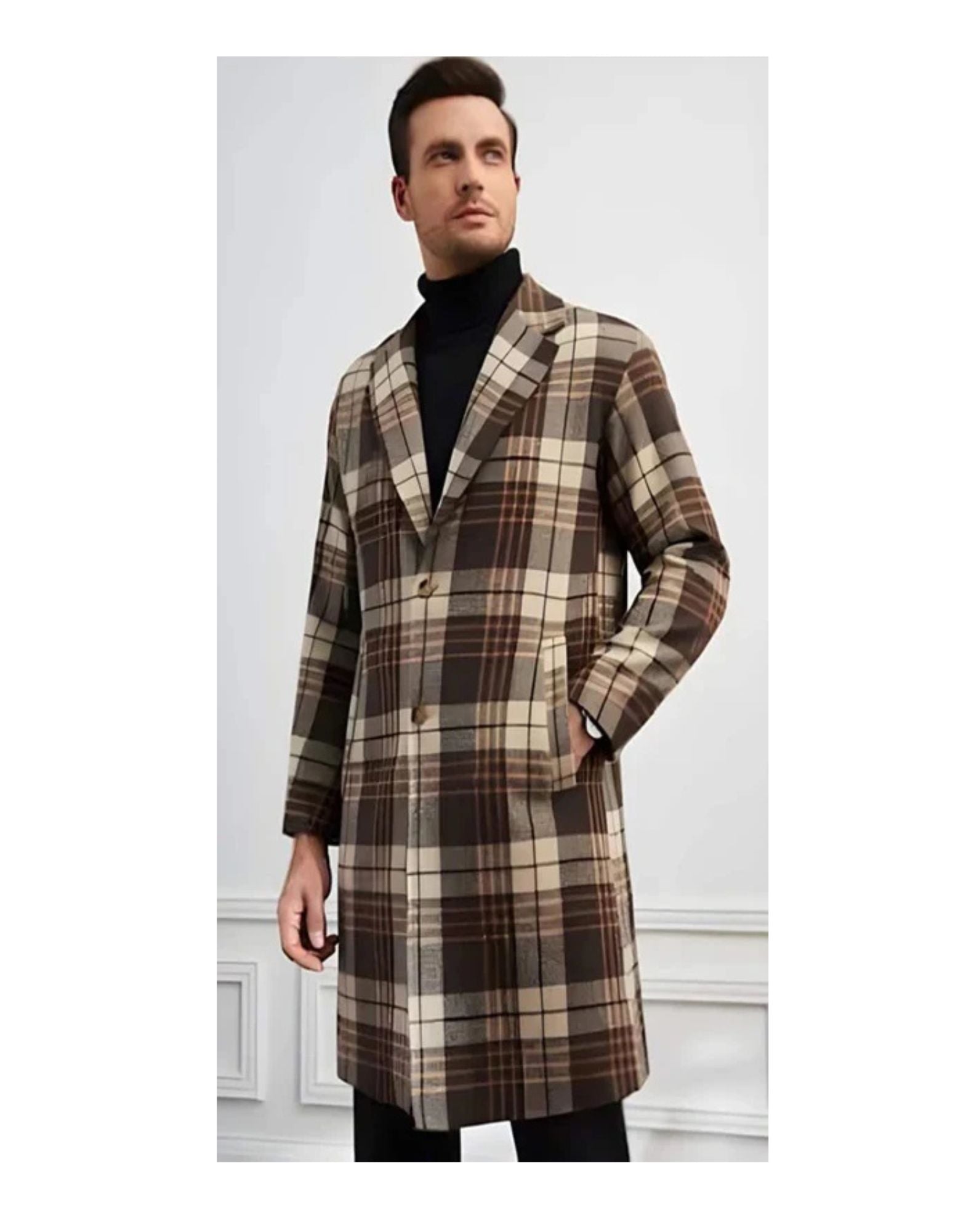Mens Plaid Overcoat - Hounstooth Checker Pattern Topcoat - Multi-color - Coat Size 38