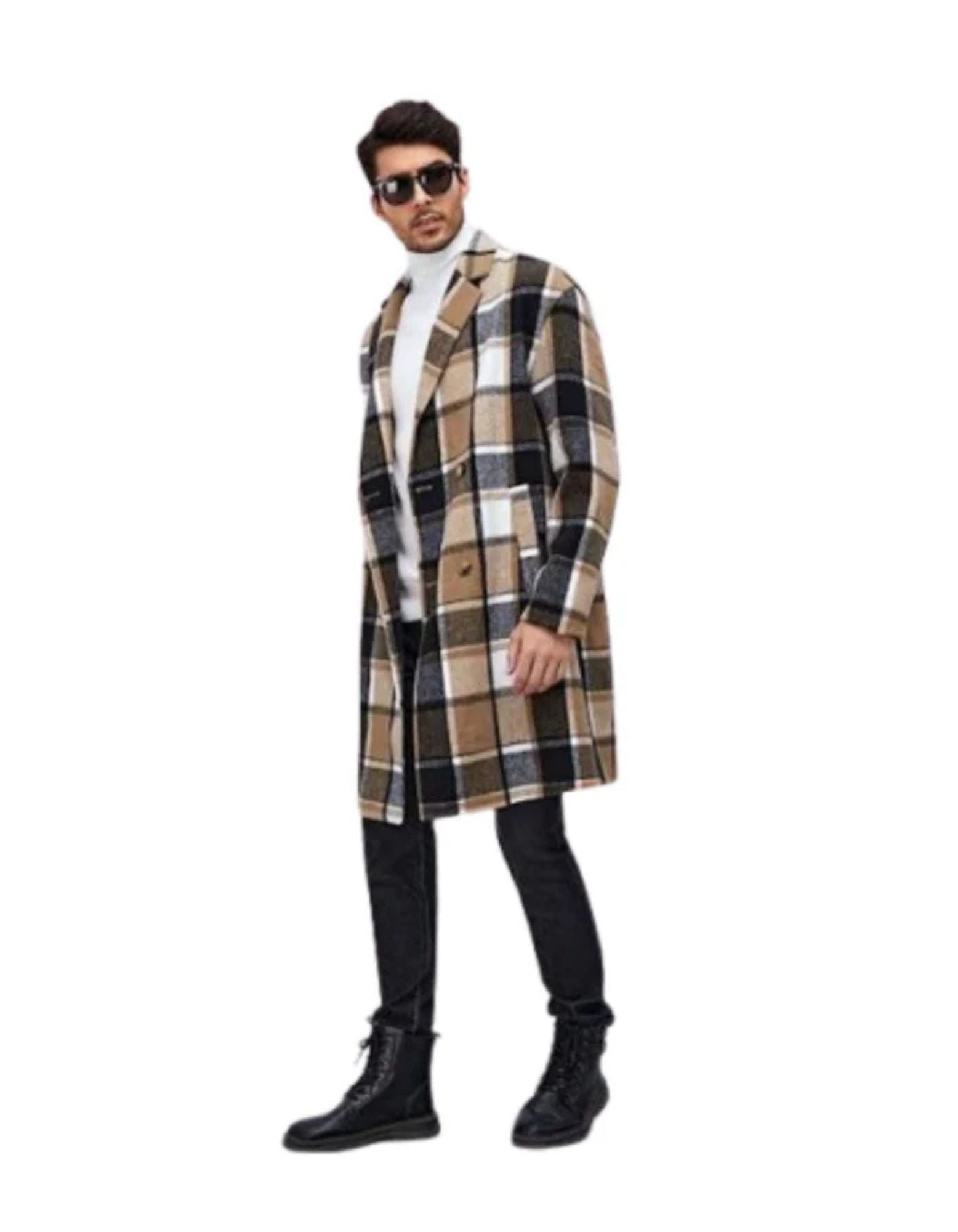 Mens Plaid Overcoat - Wool Peacoat - Camel Plaid Topcoats - Coat Size 38