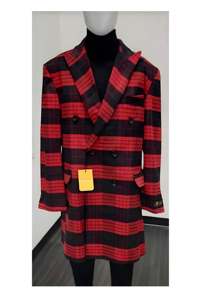 Mens Plaid Overcoat - Wool Peacoat - Plaid Red ~ Black Topcoats