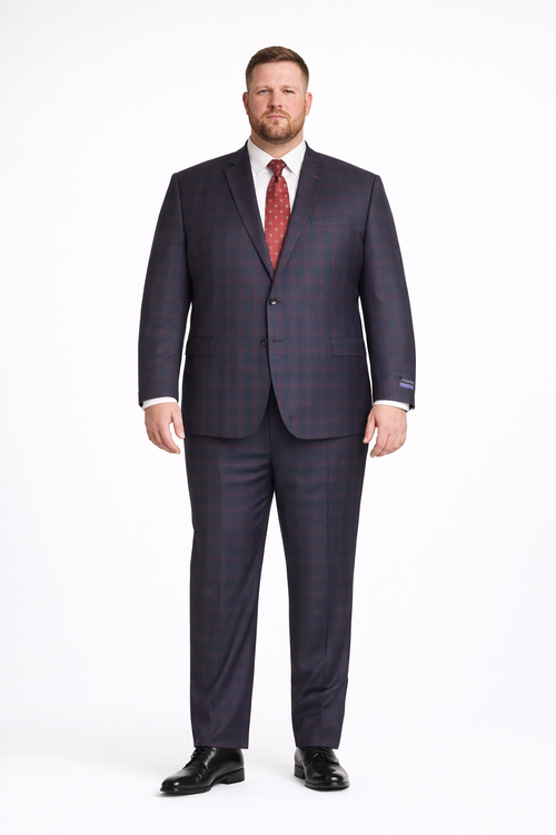 Mens Plaid Suits - Windowpane Wool Suits - Navy Blue with Dark Burgundy Pattern - Business Wool Suit Available in Classic or modern fit-New Designer Collection