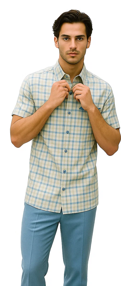 Mens Plaid Walking Suit in Powder Blue by Dreams by Zacchi – 2 Piece Leisure Outfit with Matching shirt and pant -$99