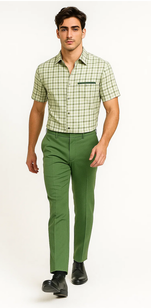 Mens Plaid Walking Suit in sage by Dreams by Zacchi – 2 Piece Leisure Outfit with Matching Shirt and pant -$99