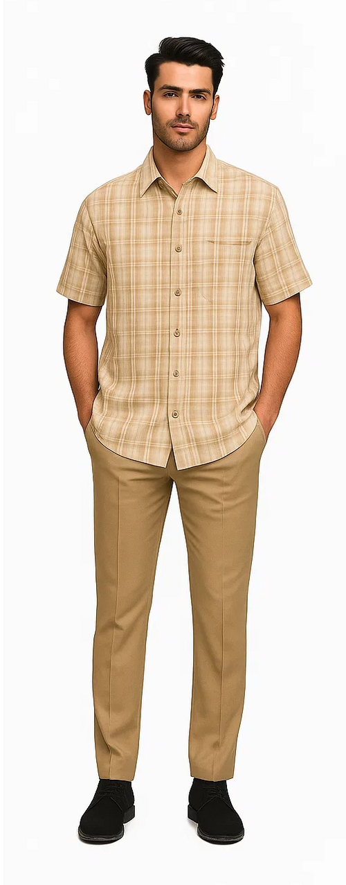 Mens Plaid Walking Suit in tan by Dreams by Zacchi – 2 Piece Leisure Outfit with Matching shirt and pant -$99