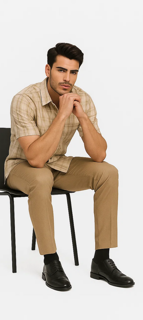 Mens Plaid Walking Suit in tan by Dreams by Zacchi – 2 Piece Leisure Outfit with Matching shirt and pant -$99