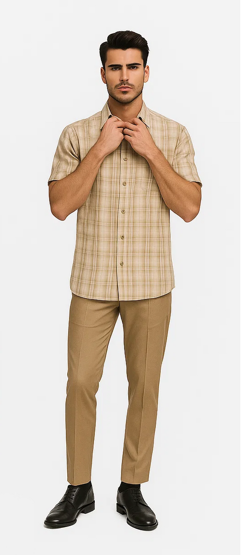 Mens Plaid Walking Suit in tan by Dreams by Zacchi – 2 Piece Leisure Outfit with Matching shirt and pant -$99