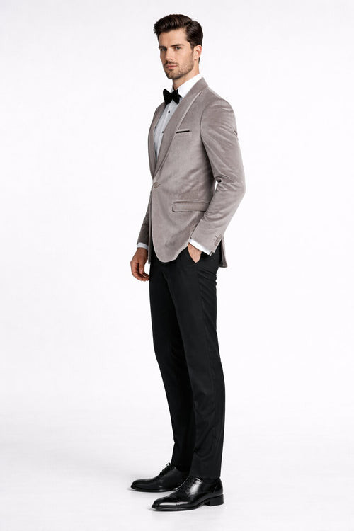 Men's Platinum Velvet Dinner Jacket with Satin Shawl Lapel | Formal Wedding Prom Blazer