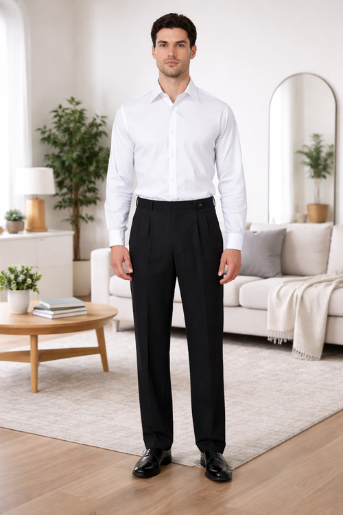 Mens Pleated Dress Pants Solid Black Wide Leg Slacks Pleated baggy dress trousers unhemmed unfinished bottom-New Designer Collection