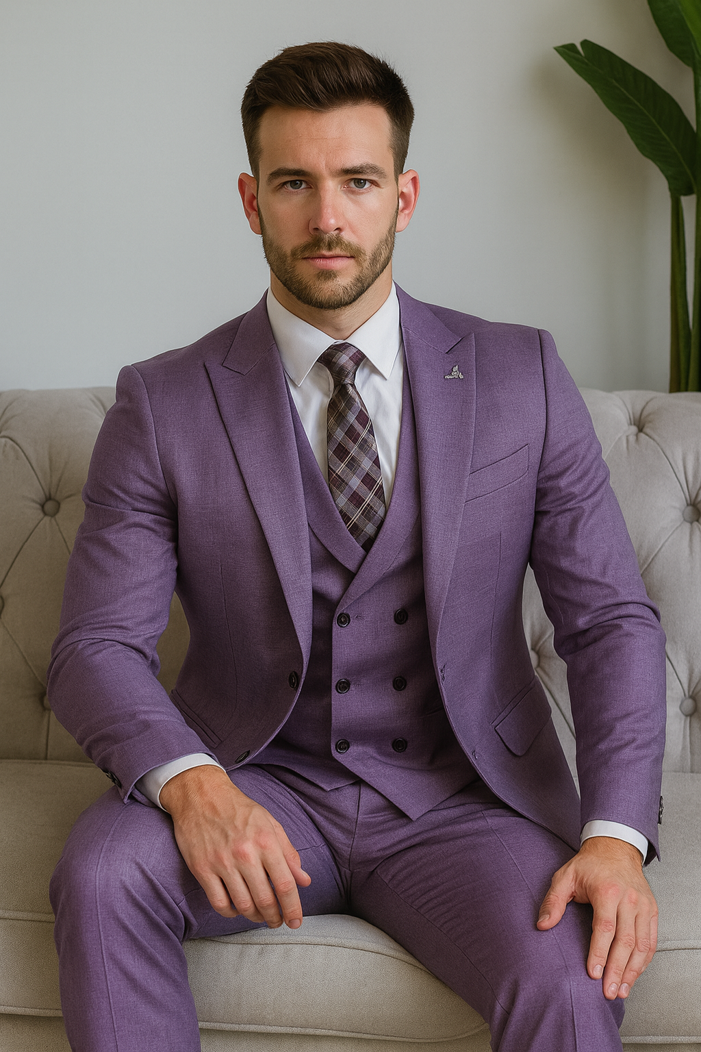 Giovanni Testi Suits With Double Breasted Vest - 3 Pieces Peak Lapel in Purple - 34 Short